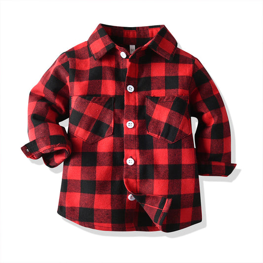 Boys double pocket long-sleeved cardigan plaid lapel kids shirt