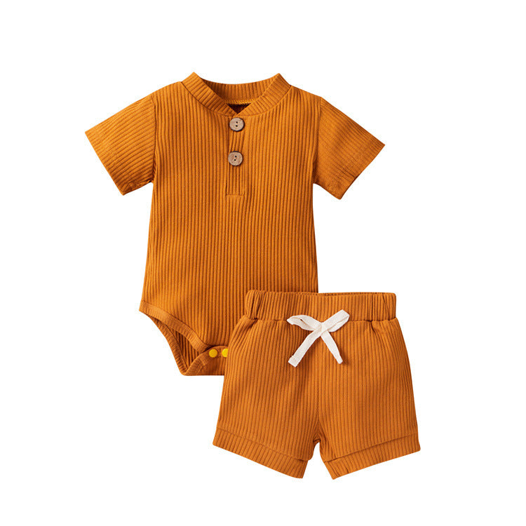 Short-sleeved pit strip suit boys and girls solid color shorts two-piece