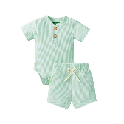 Short-sleeved pit strip suit boys and girls solid color shorts two-piece