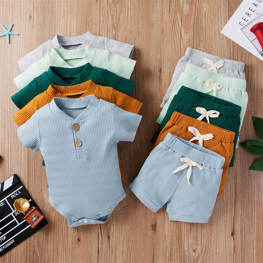 Short-sleeved pit strip suit boys and girls solid color shorts two-piece