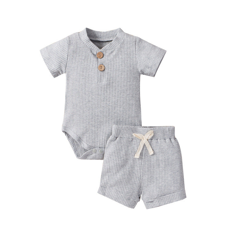 Short-sleeved pit strip suit boys and girls solid color shorts two-piece