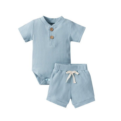 Short-sleeved pit strip suit boys and girls solid color shorts two-piece