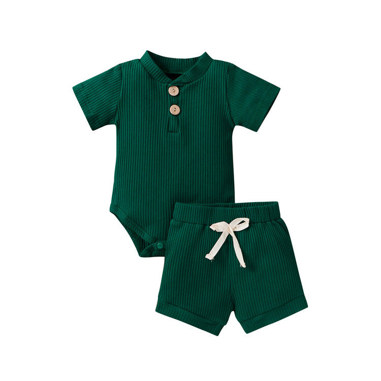 Short-sleeved pit strip suit boys and girls solid color shorts two-piece